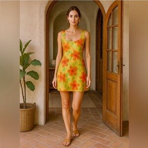 Rumored Monaco Yellow Orange Floral Satin Mini Slip Dress Size M NWT